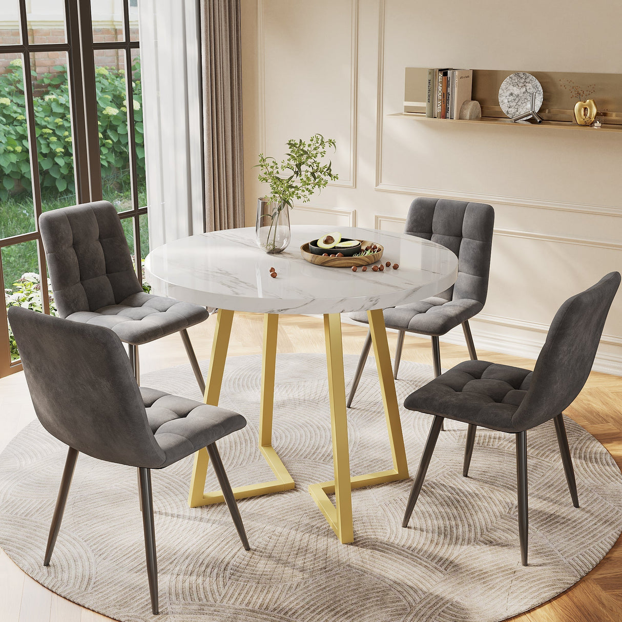Dining Table Set (5 Pieces) with 4 Chairs, 80cm Round White MDF Table & Dark Grey Velvet Chairs