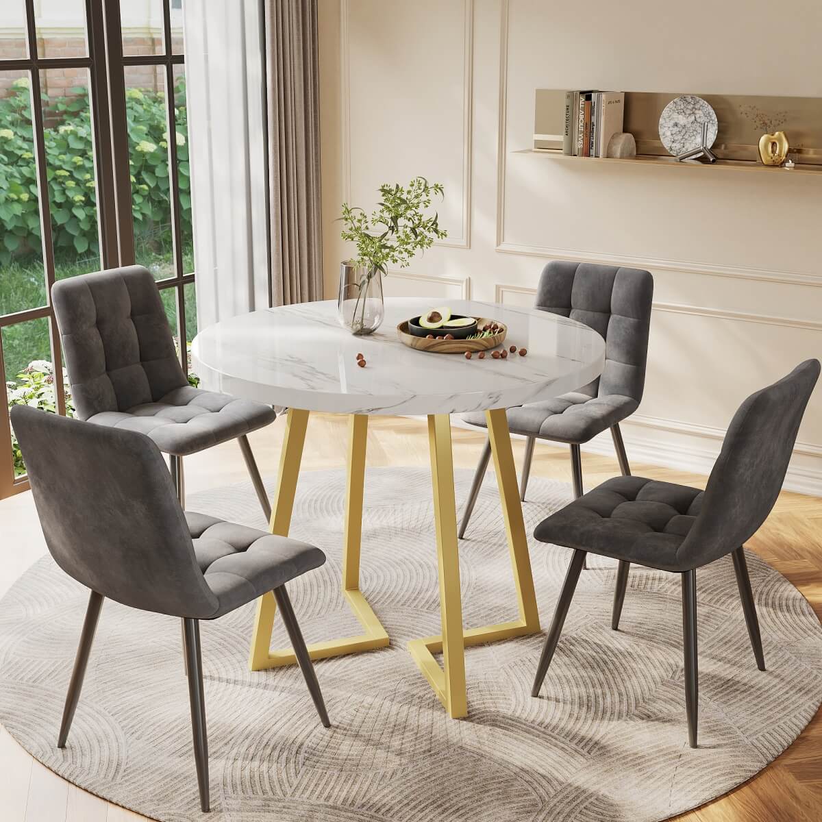 5 Piece Round Dining Table Set - Modern Kitchen Table with 4 Velvet Chairs & Gold Legs