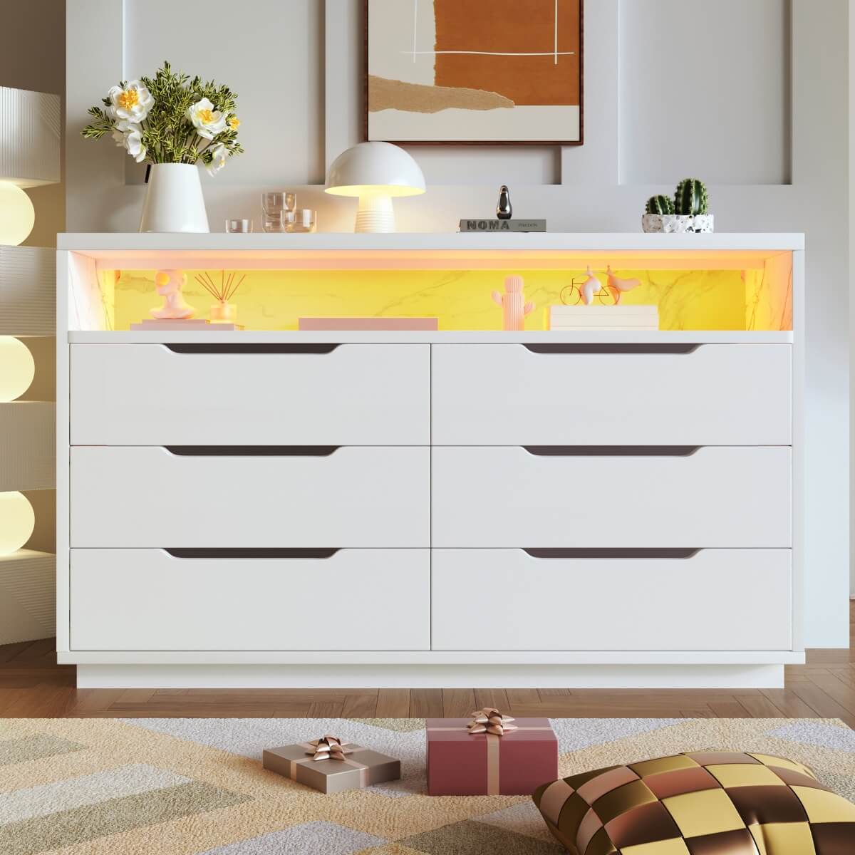 6 Drawer Chest of Drawers with RGB LED Lights - Modern Marble Effect Storage Cabinet with Shelves for Bedroom or Living Room, White