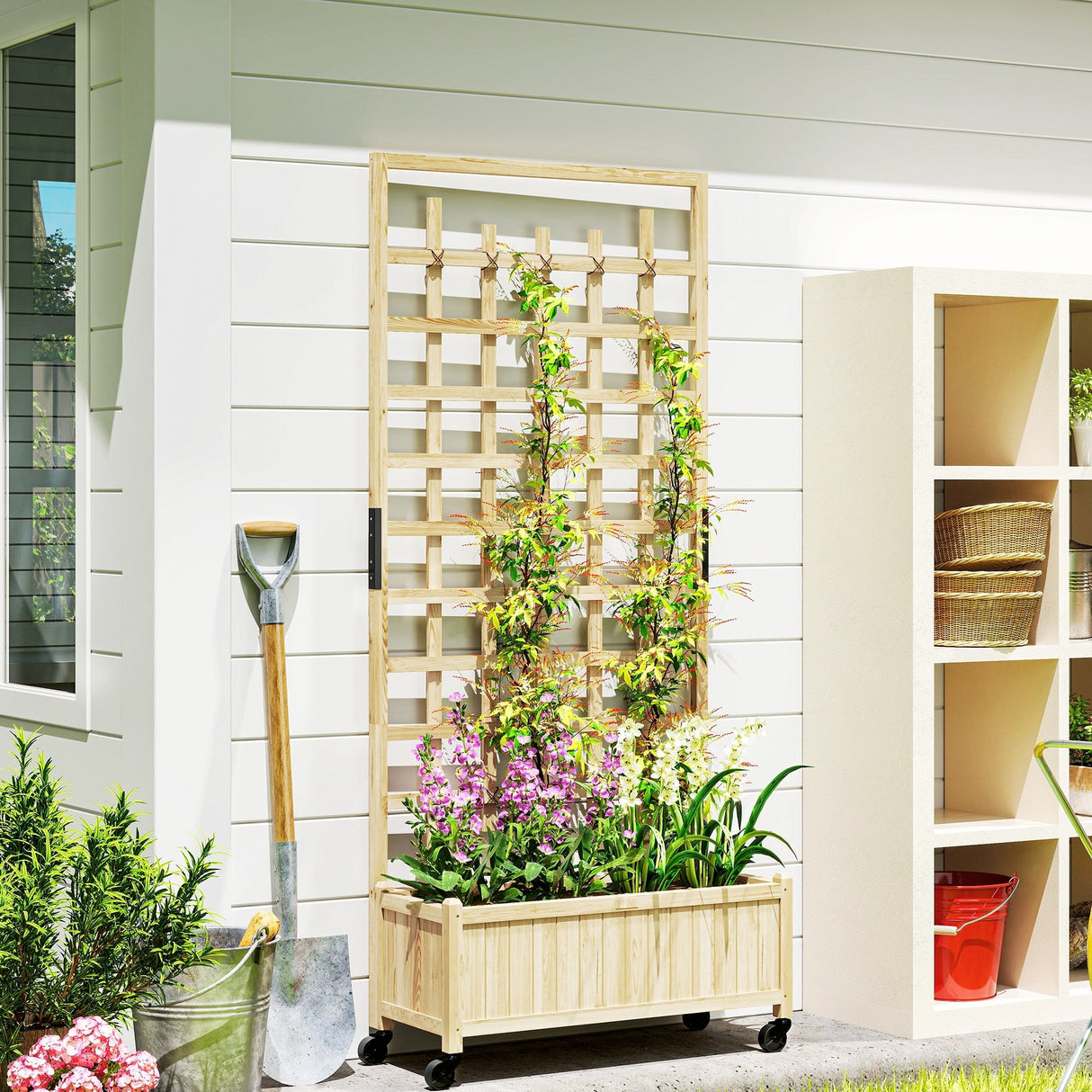 Wooden Trellis Planter, Raised Garden Bed with Wheels, Natural