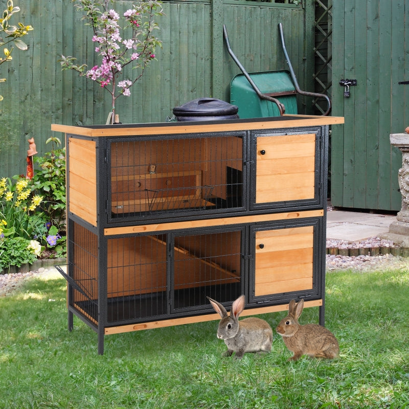 Rabbit Hutch Outdoor Guinea Pig Bunny Cage Metal Frame No-Leak Tray Openable Roof Light Yellow