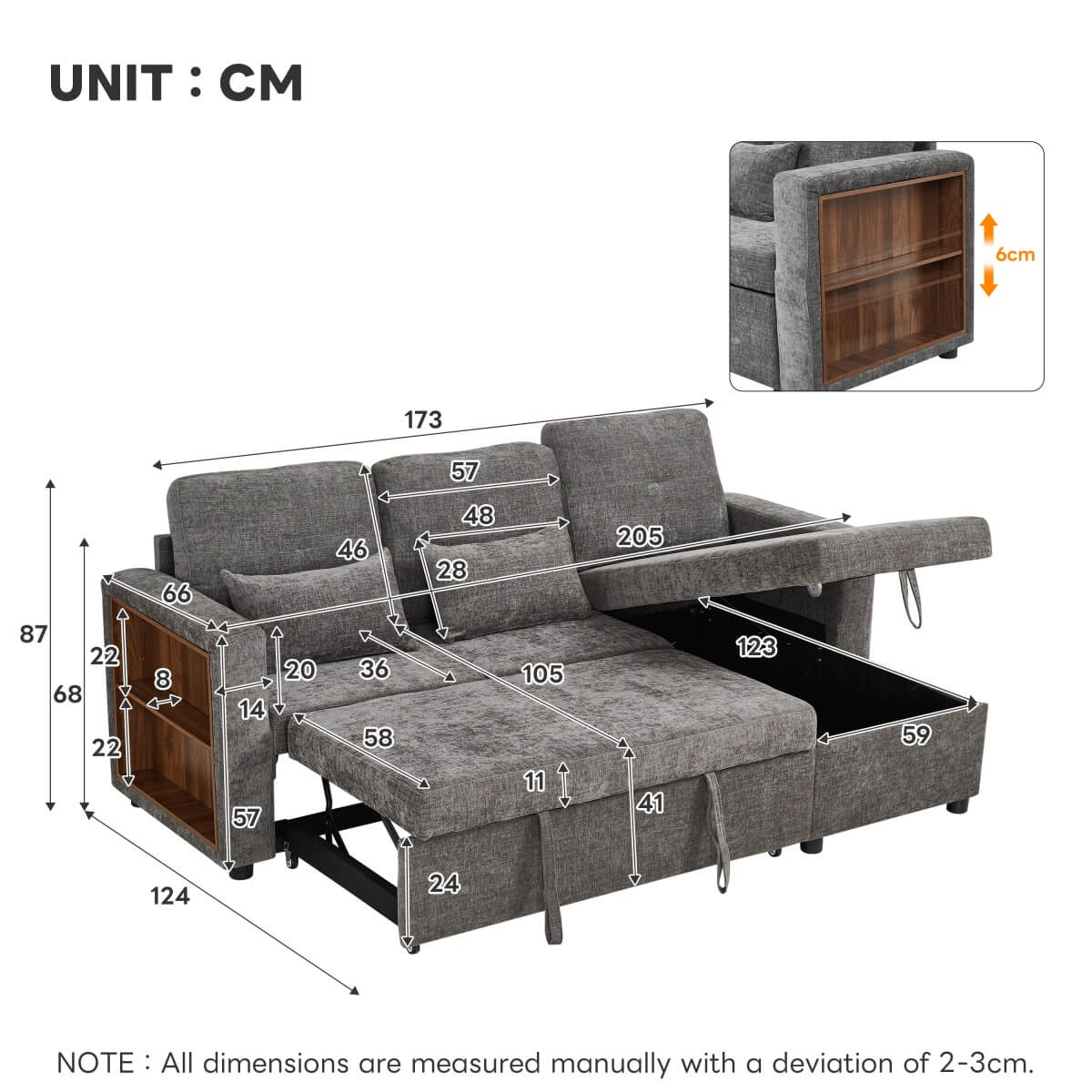 3-in-1 L-Shaped Sofa Bed - Grey Chenille Sectional Sleeper with Storage Chaise and USB/Type-C Charging
