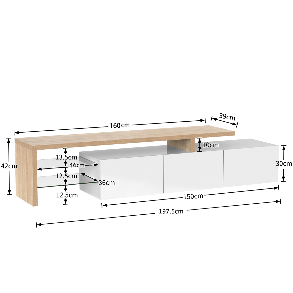Modern TV Stand - High Gloss White TV Unit with Glass Shelves, LED Lighting & Storage, Wood Effect Design