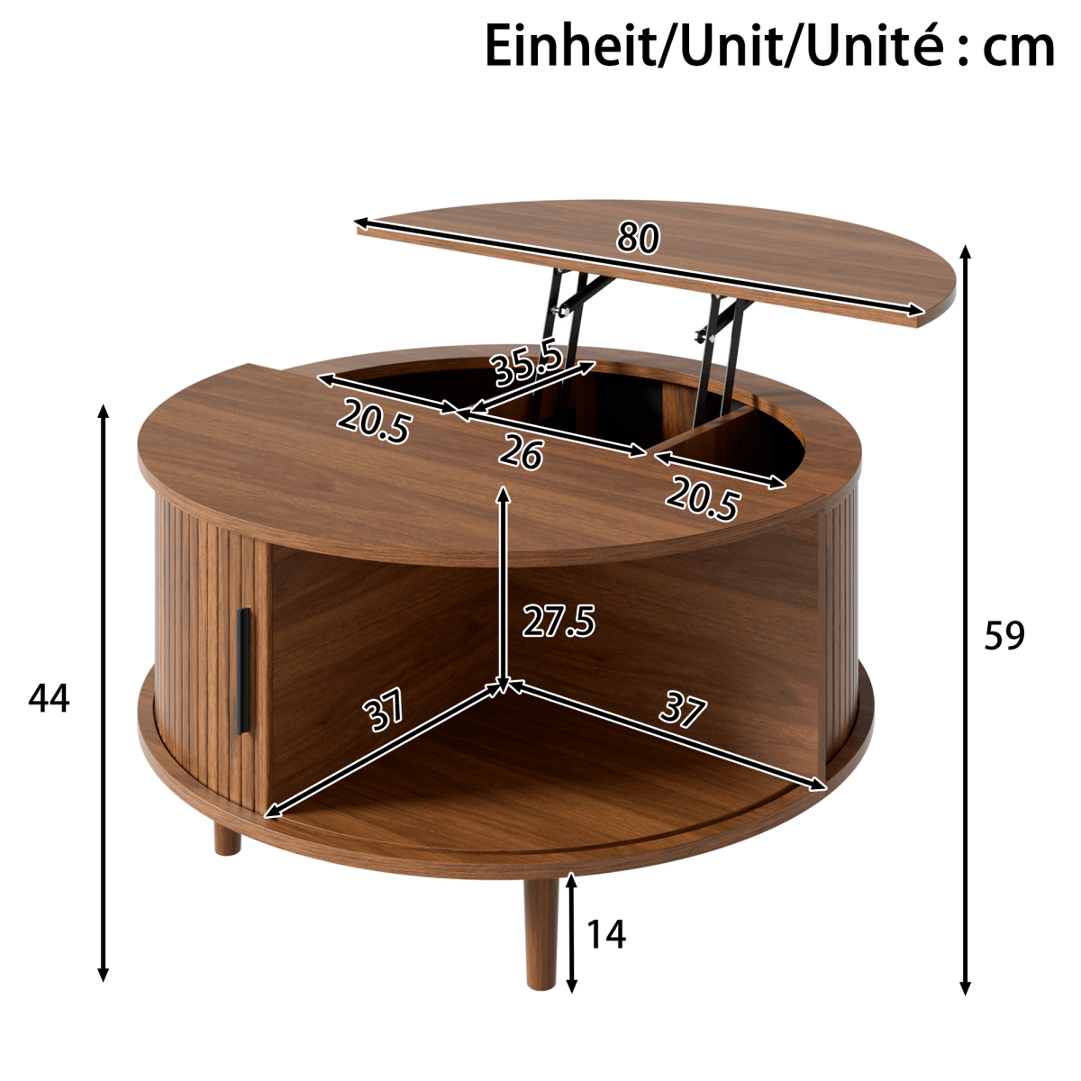 Round Lift Top Coffee Table with Vertical Slat Design - MDF Living Room Table with Hidden Storage and Sliding Door, Walnut