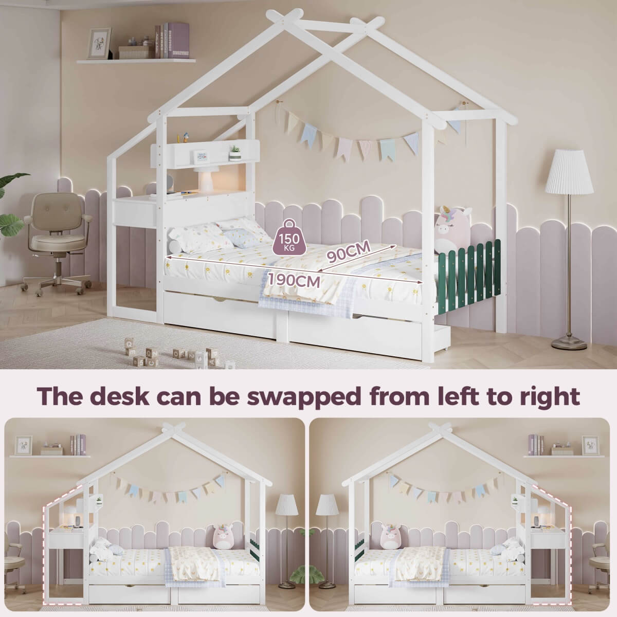 3ft Single Children's Wooden Storage Bed with Desk - Treehouse Design with Drawers, Small Shelf and Sturdy MDF and Pinewood Frame, White