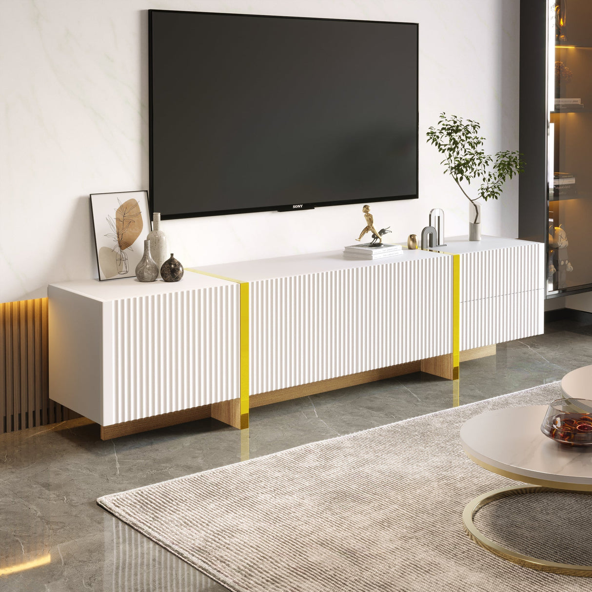TV Cabinet 190 cm 3 Doors 2 Drawers, White Gold Wood Grain