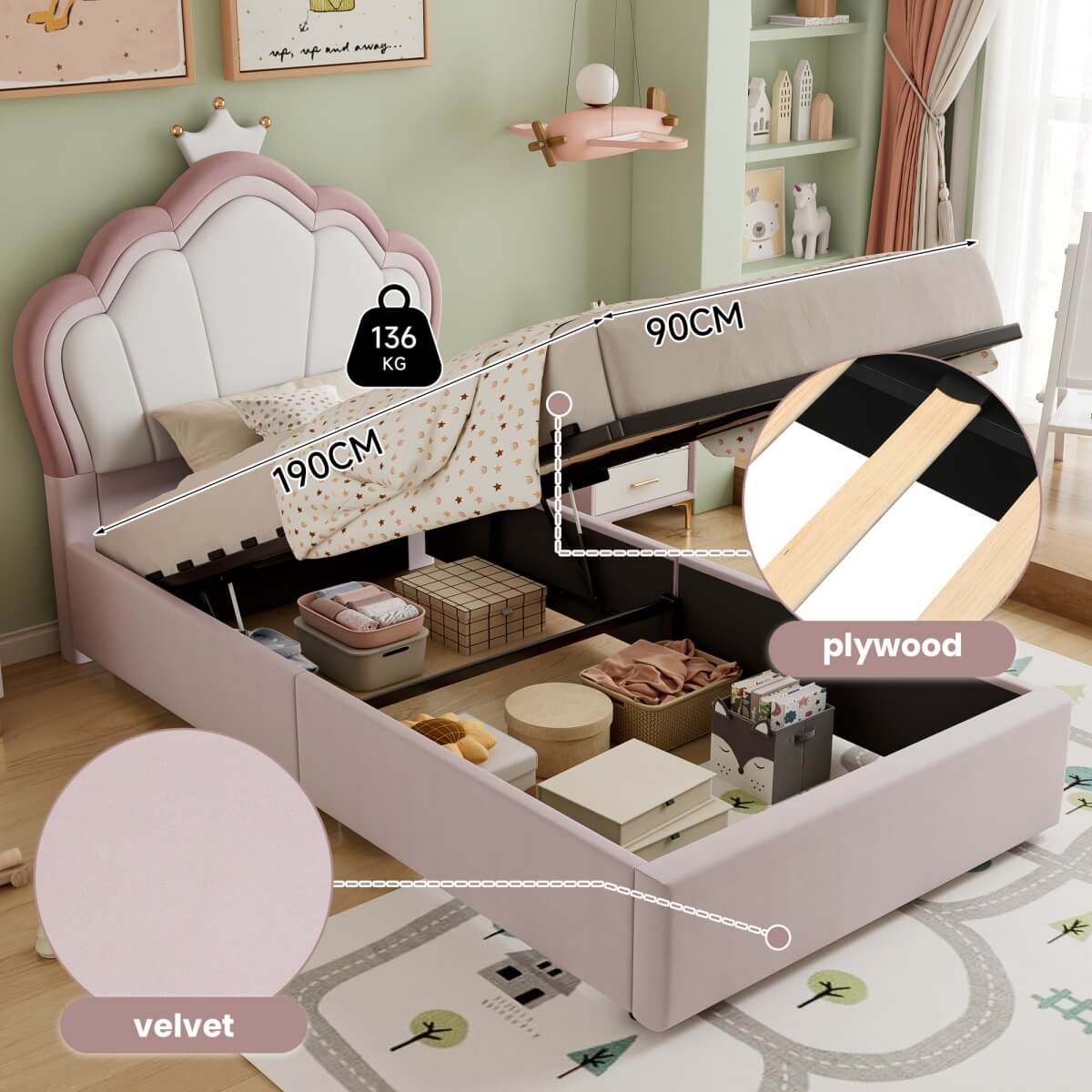 3ft Single Upholstered Storage Bed - Velvet Hydraulic Bed Frame with Lift-Up Storage, Kids Bed, Pink