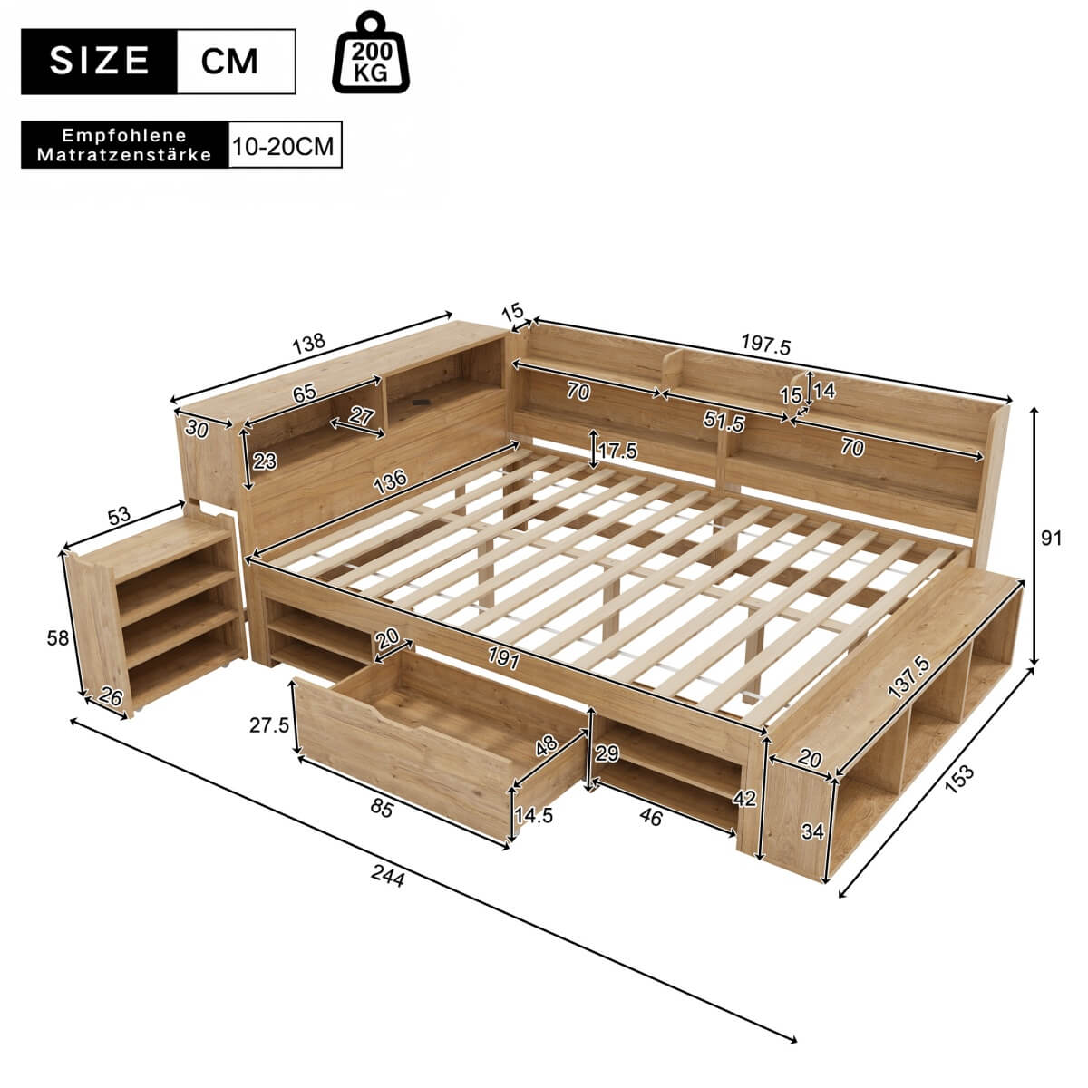 4ft6 Double Children’s Bed – Wooden Bed Frame with Drawers, Bookcase and Storage Cupboard