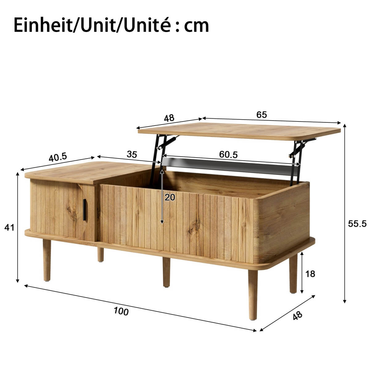 Retro Lift Top Coffee Table with Sliding Door - Wood Effect Finish, Vertical Slat Design and Wooden Legs, Natural