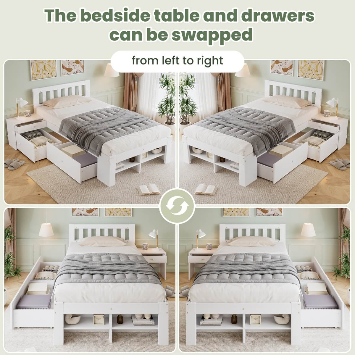 3ft Single Wooden Storage Bed with Bedside Table & 2 Drawers - Sturdy Bed Frame with Reversible Storage Compartments, White