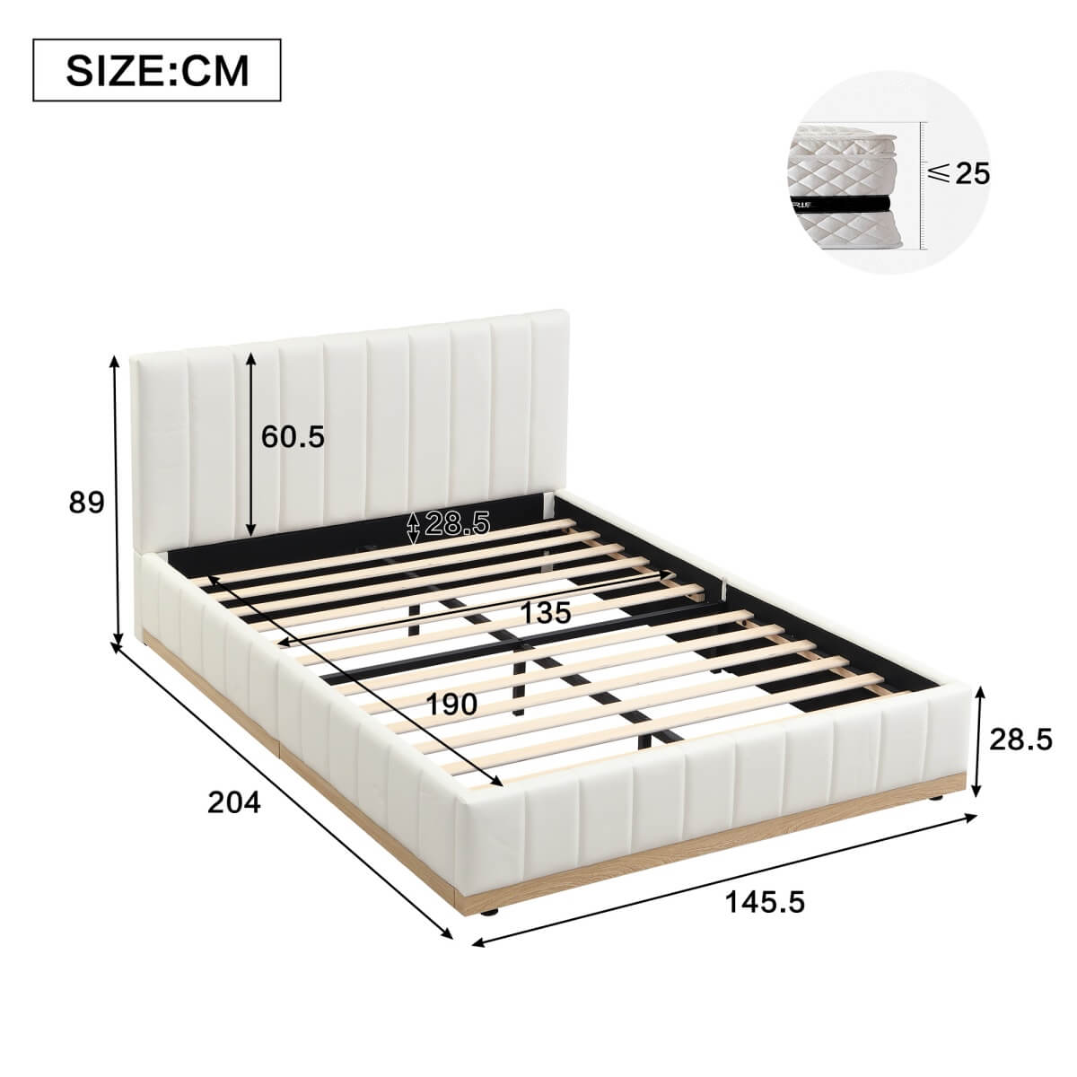 4ft6 Double Upholstered Bed with Soft Headboard - PU & MDF Bed Frame
