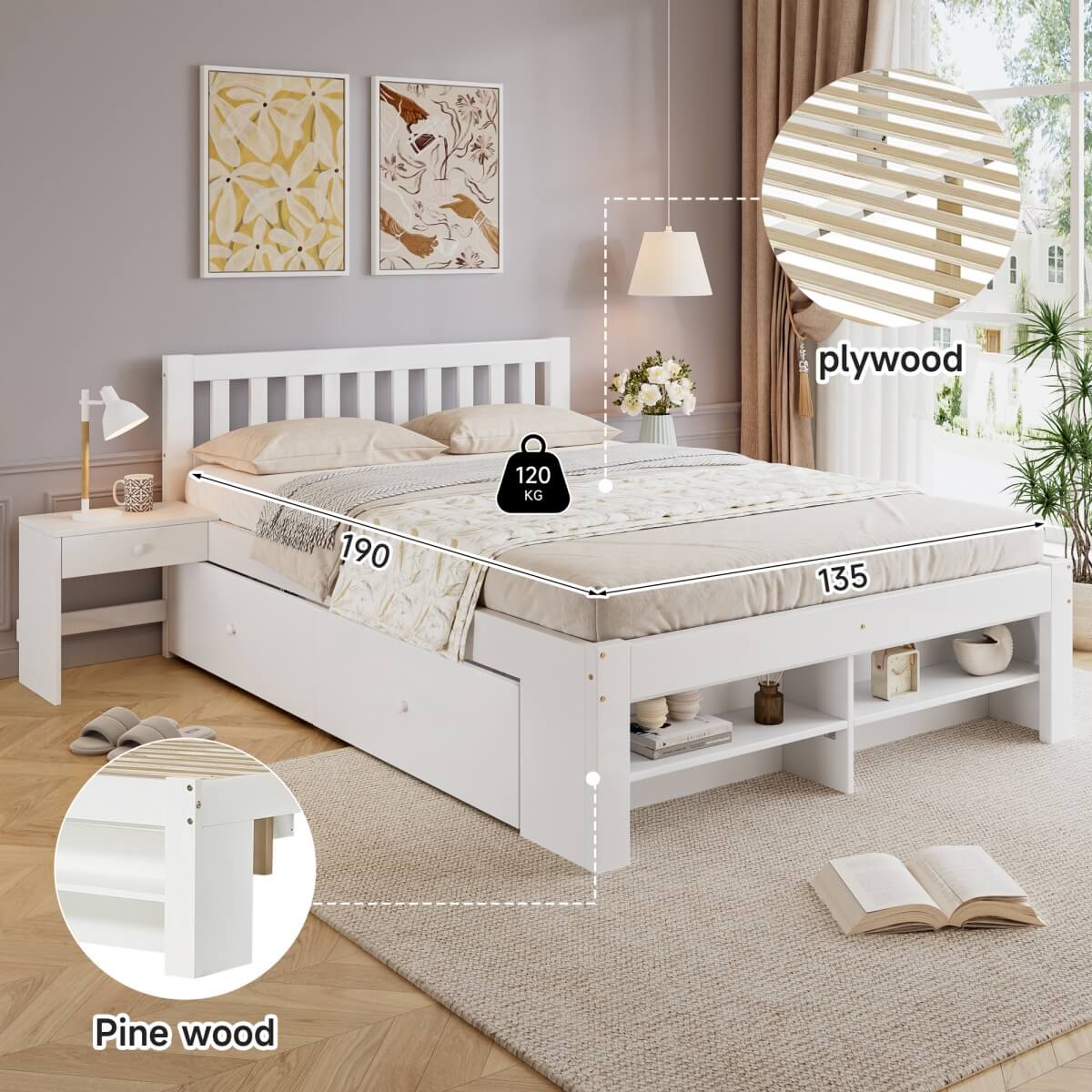 4ft6 Double Wooden Storage Bed with 2 Bedside Tables & 2 Drawers - Sturdy Bed Frame with Reversible Storage Compartments, White