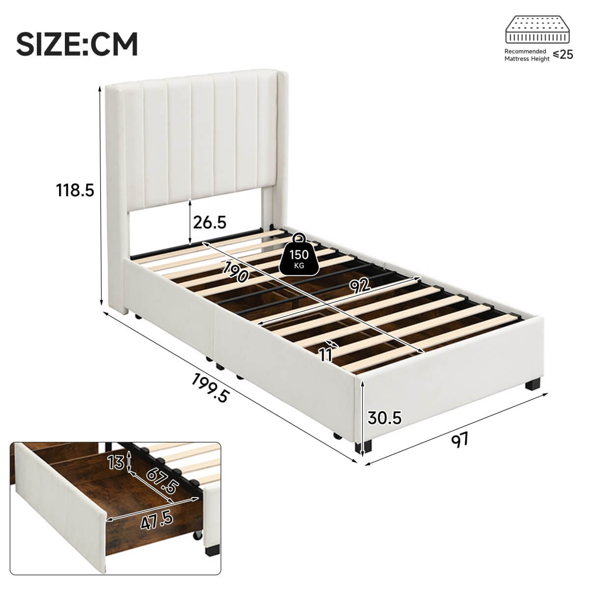 3ft Single Velvet Storage Bed - Upholstered Bed Frame with 4 Drawers and Soft Headboard, Beige