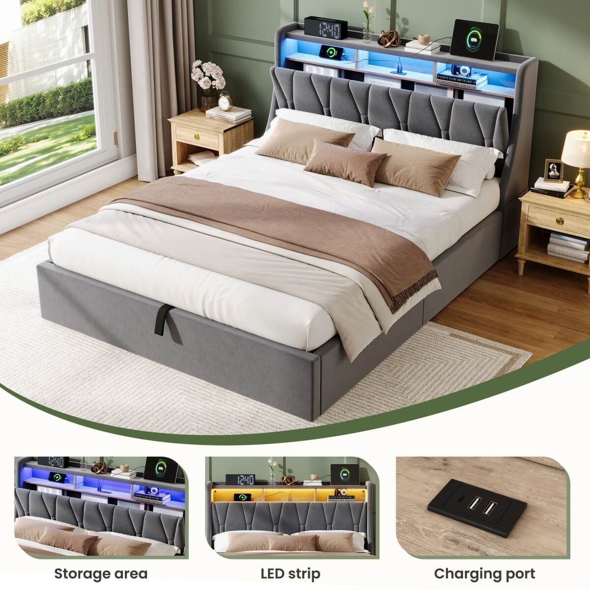 4ft6 Double Upholstered Bed with Hydraulic Storage & LED Lighting - Velvet Bed Frame with Plywood Base, Sturdy & Durable, Grey