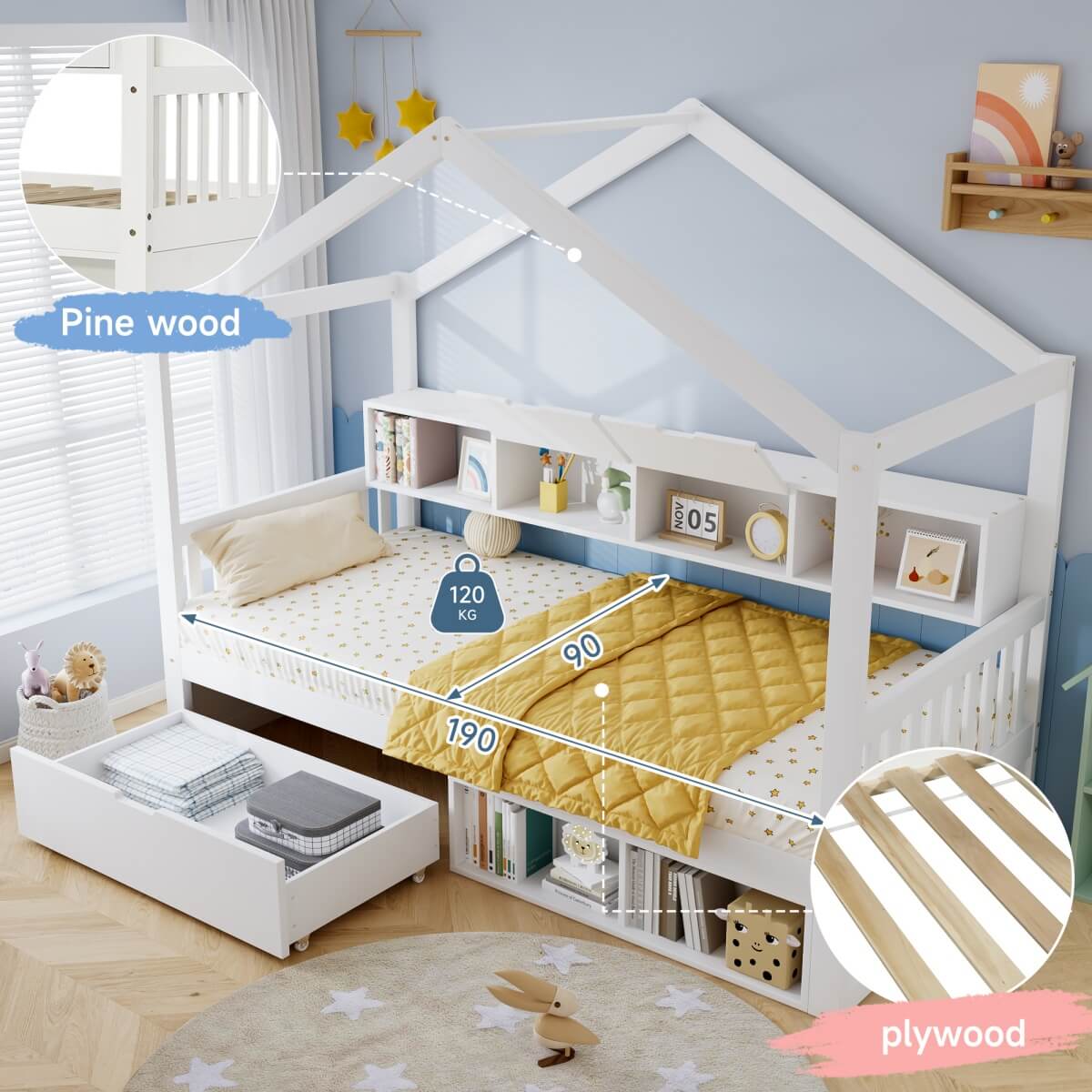 3ft Single Children’s Storage Bed with Safety Guardrail & Wheeled Drawer - House-Shaped Pine Wood Bed Frame with Storage Compartments, White