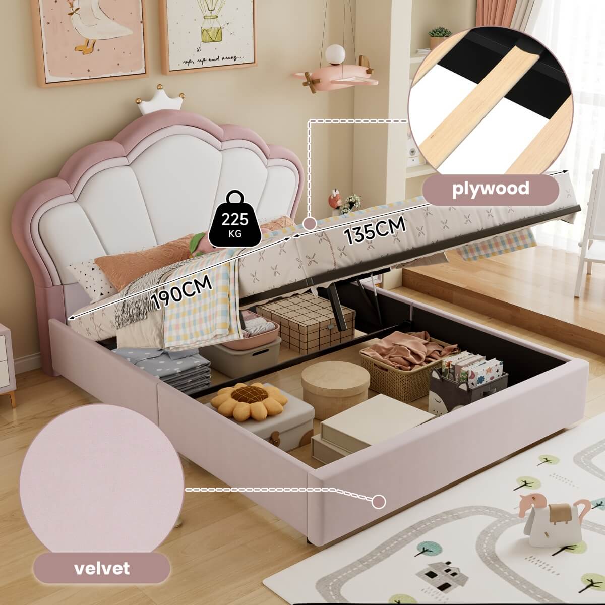4ft6 Double Upholstered Storage Bed - Velvet Hydraulic Bed Frame with Lift-Up Storage Function, Pink