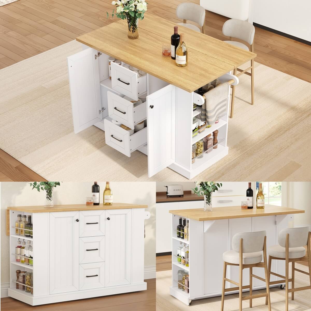 Kitchen Island Trolley with Foldable Worktop - Kitchen Cart on Wheels with Double-Sided 3-Tier Storage Shelves, 3 Drawers and Lockable Castors