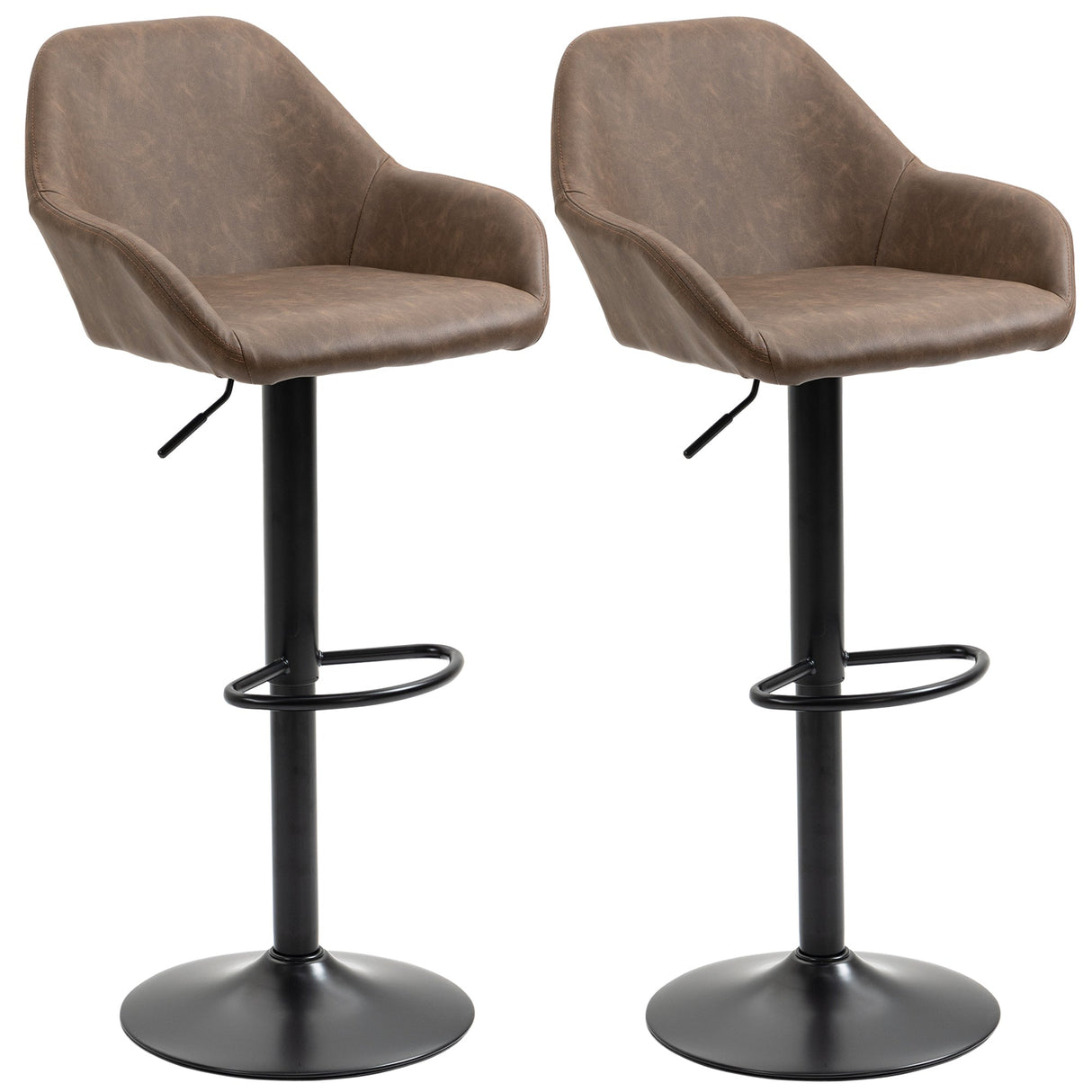 Bar Stools Set of 2, Height Adjustable Swivel with Backs and Armrests, Dark Brown PU Leather