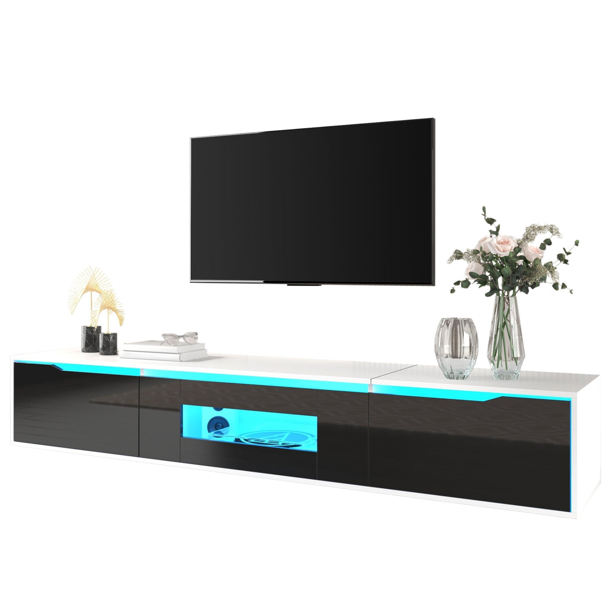 TV cabinet, high-gloss, white and black, with color-changing LED lights