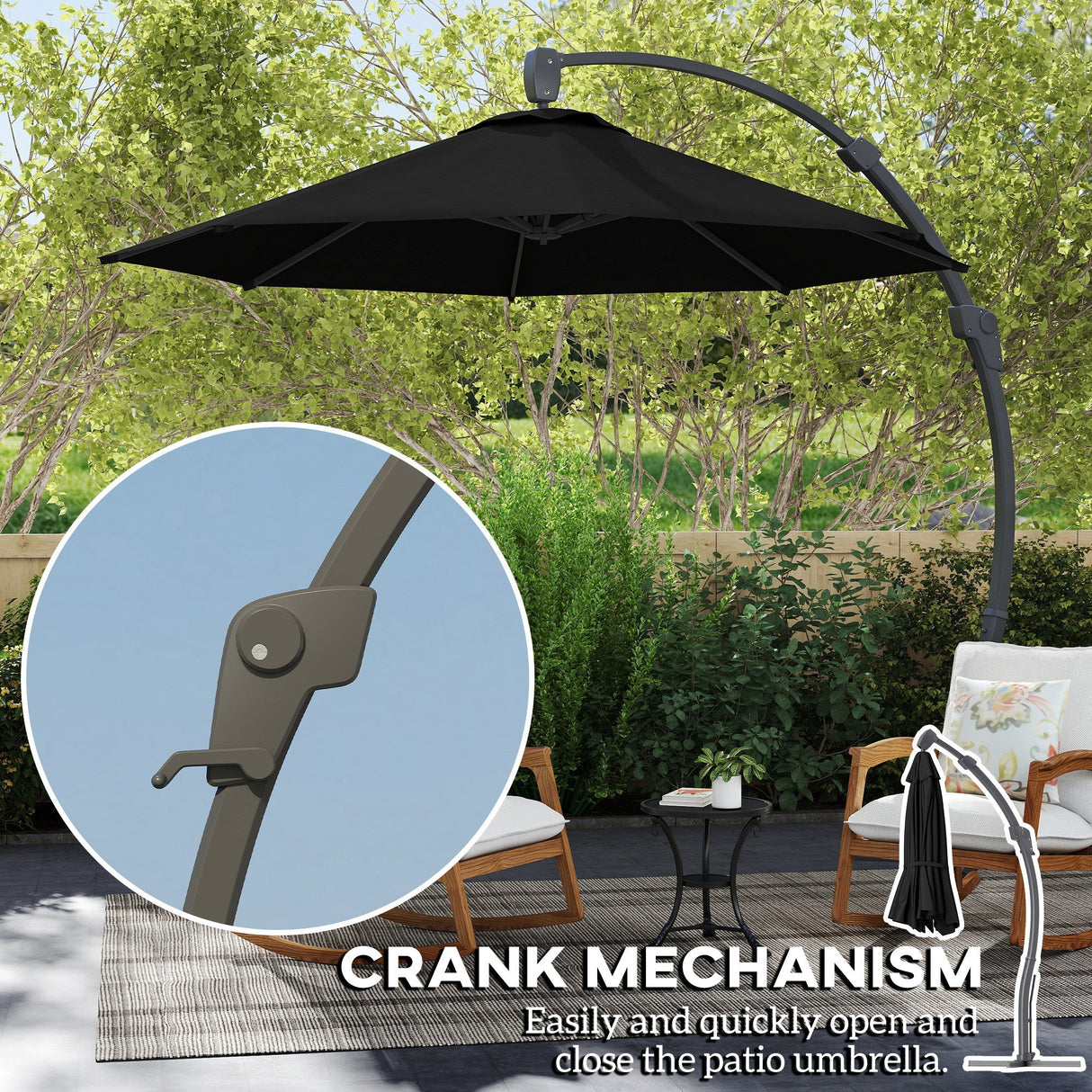 Garden Cantilever Parasol, 3m Round Overhanging Umbrella with Crank Handle, Black