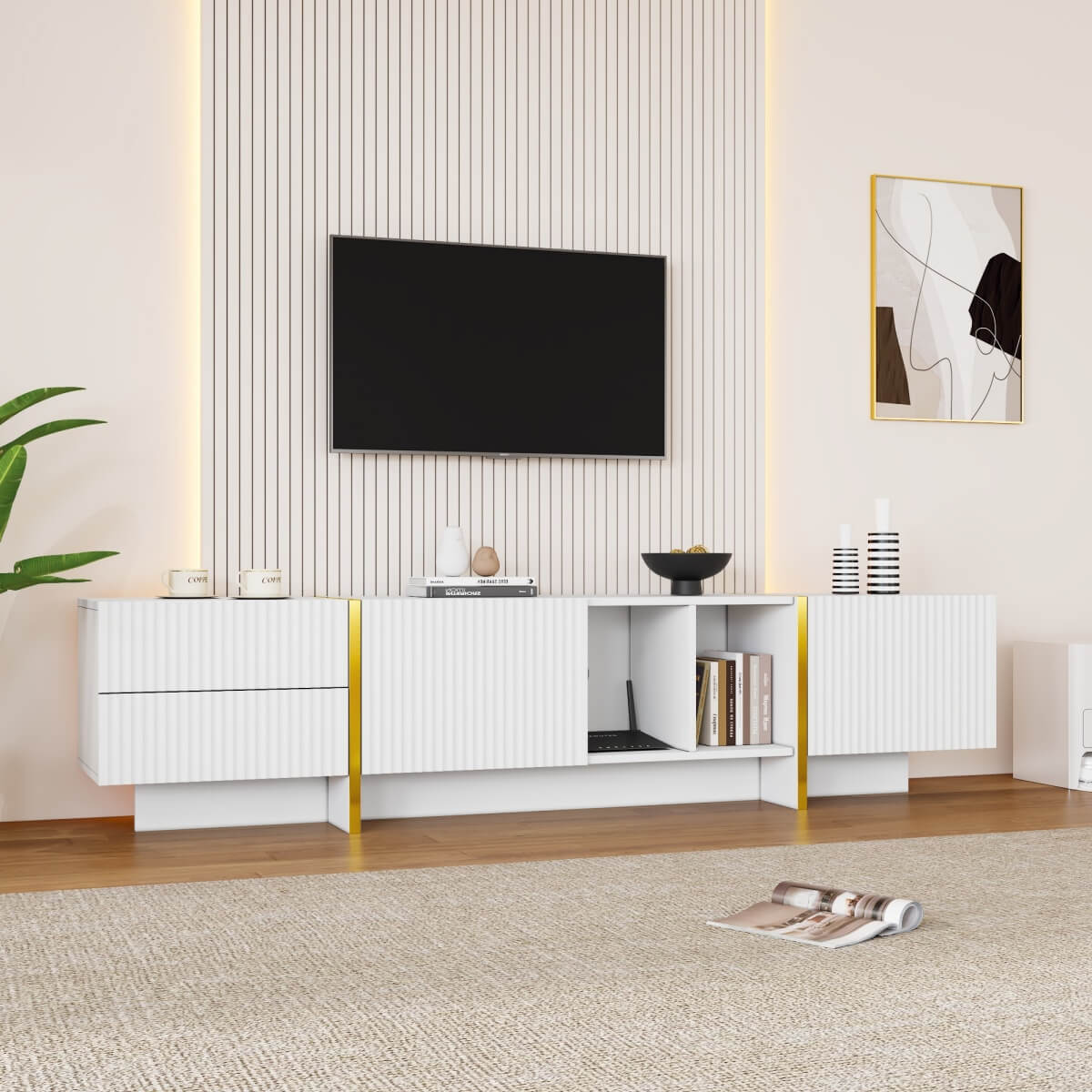 TV Stand for Up to 85 Inch TVs with Storage Cabinets & Open Shelves - Embossed Media Console, White
