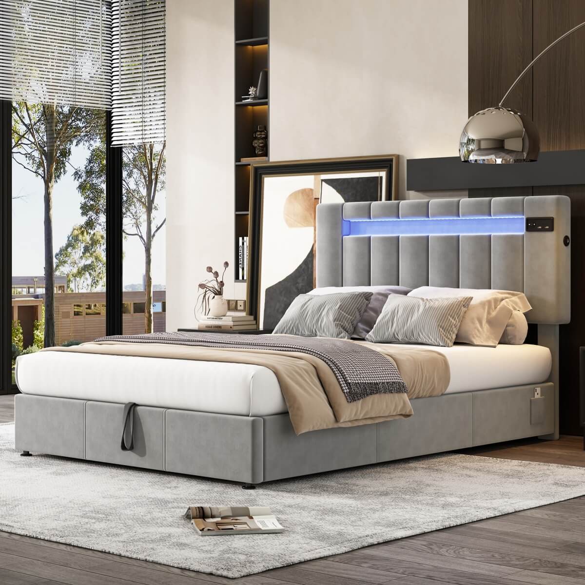 4ft6 Double Velvet Hydraulic Storage Bed - LED Bed with Bluetooth Speaker, USB & Side Pockets, Grey