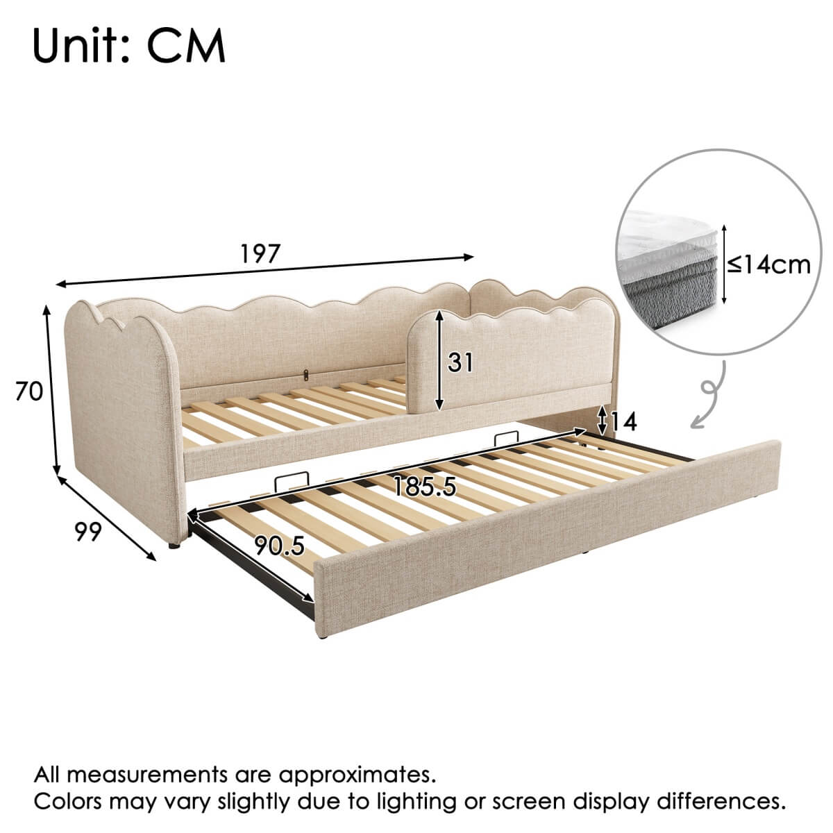3ft Single Upholstered Daybed with Pull-Out Trundle - Linen Beige Bed