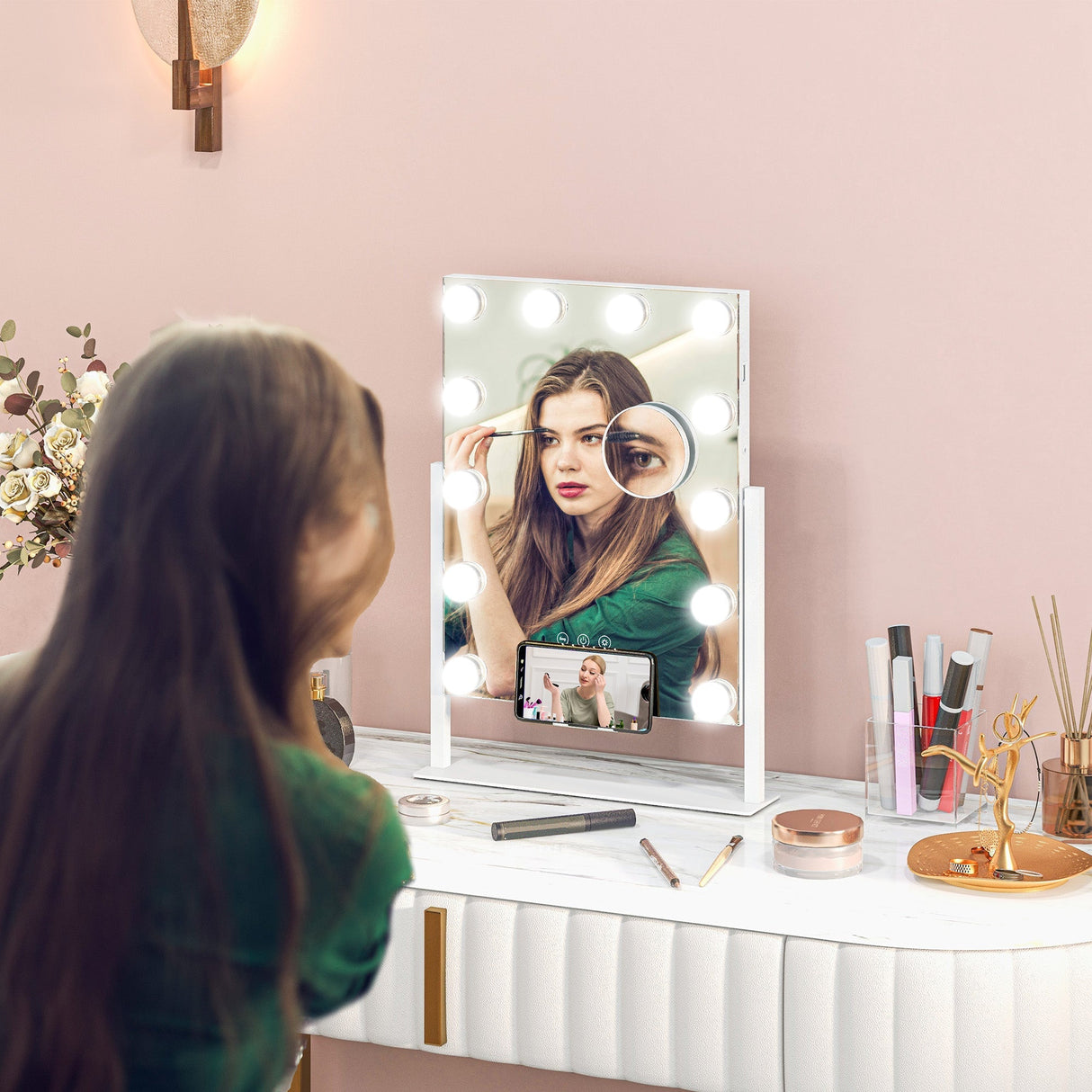 Tabletop Makeup Mirror, 12 LED Bulb Adjustable Settings