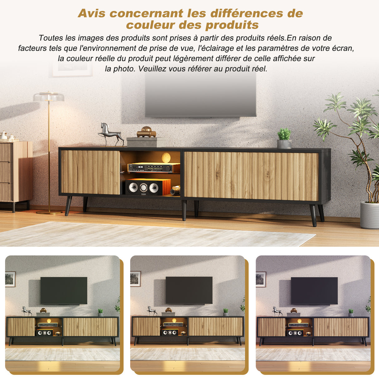 Mid-Century Modern LED TV Stand, Lowboard,TV Cabinet with LED Light, TV Unit, Modern Industrial Entertainment Center, 175cm Black Media Console Low Storage Cabinet for Living Room