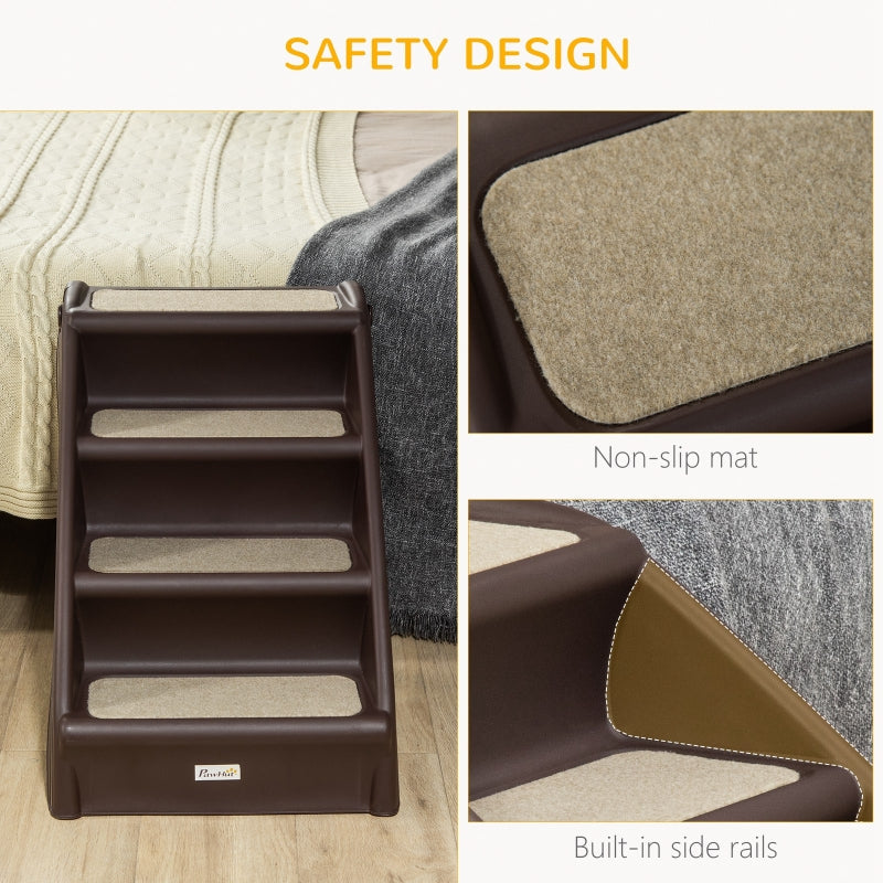 Foldable Four-Step Pet Stairs, Non-Slip Mats, Brown