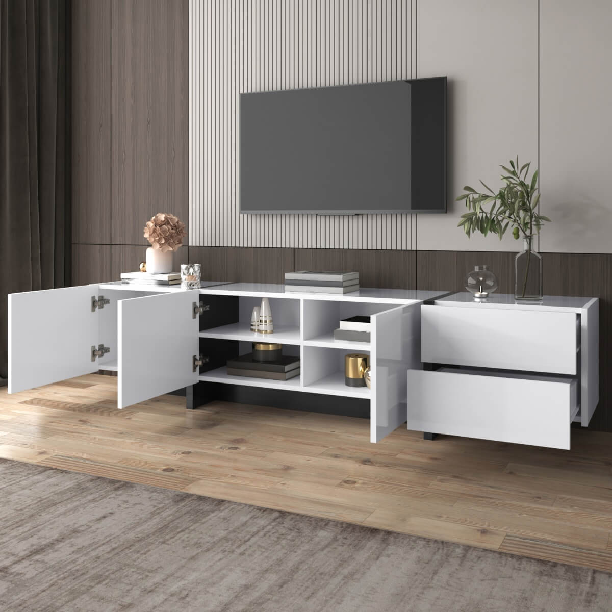 High Gloss TV Unit with Doors and Drawers - Modern White and Black TV Stand with Storage Shelves and Colour-Block Legs