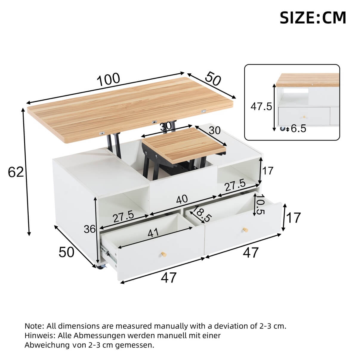 Lift-Top Coffee Table with Storage & Wheels - Extendable Dual Platform Living Room Centre Table