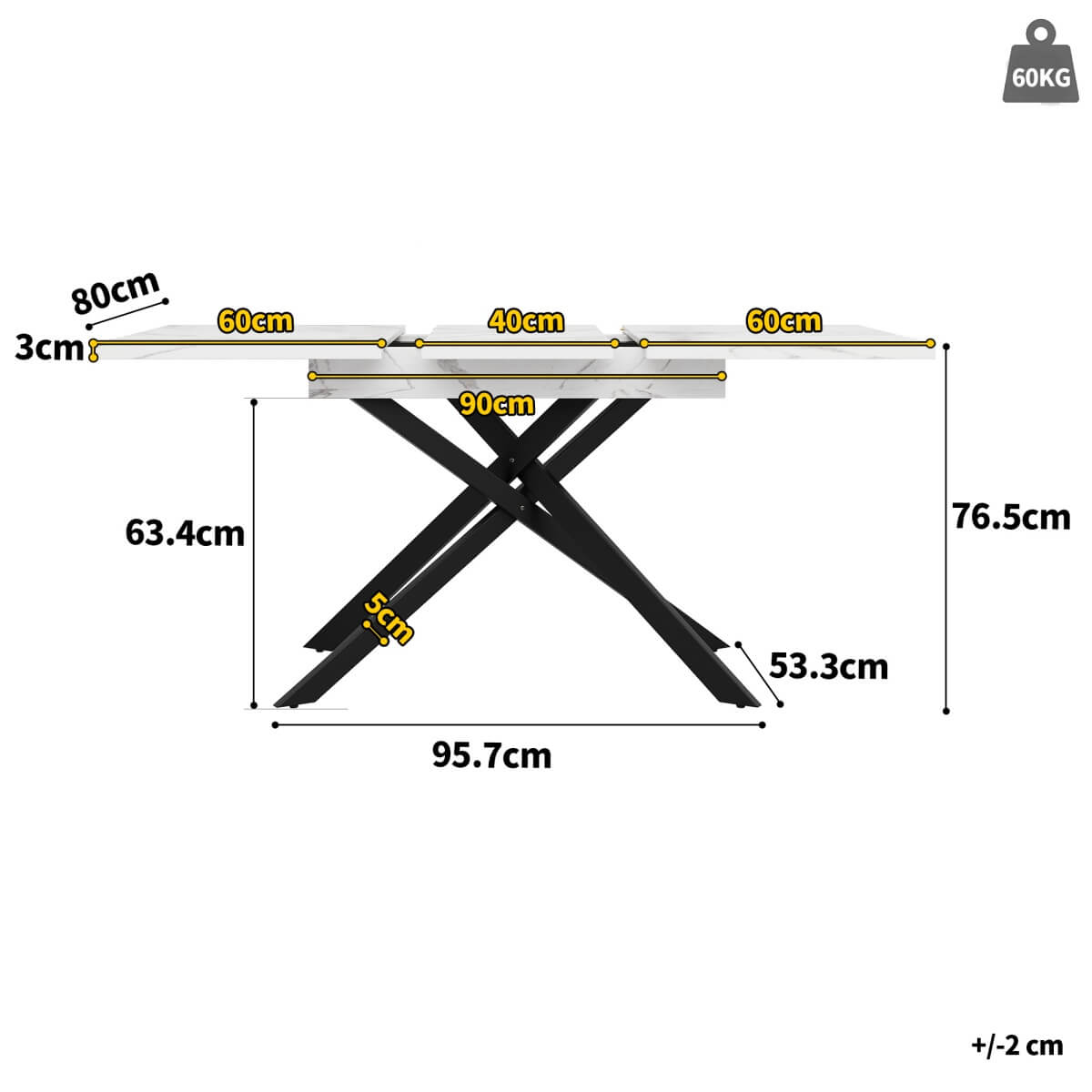 Extendable Dining Table 120–160 cm – Space-Saving Telescopic Table with Crossed Metal Legs, Marble Effect Top