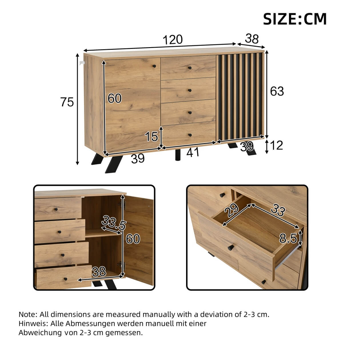 Dark Oak Effect Sideboard with 4 Drawers and 2 Doors - Wooden Storage Cabinet with Slatted Door Design