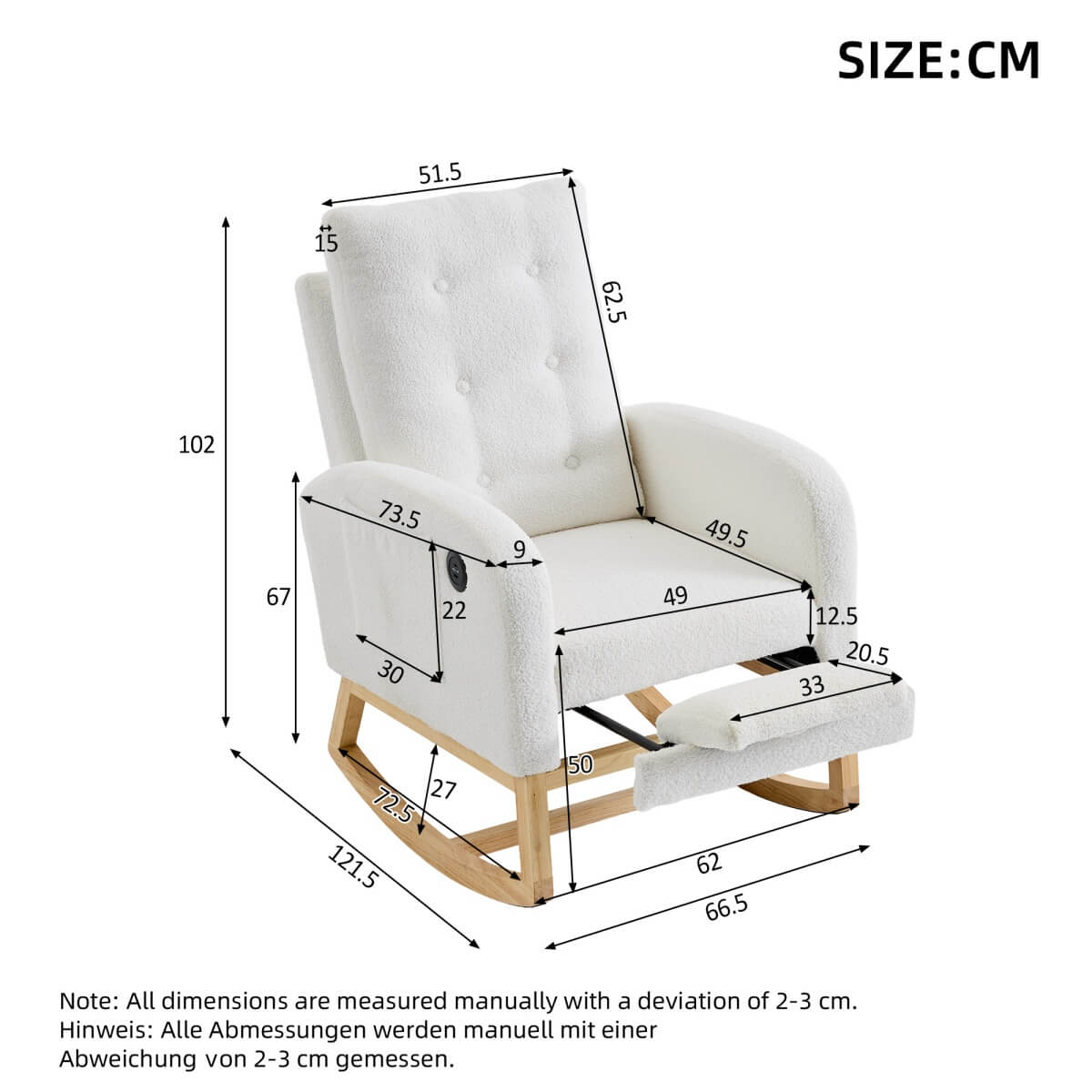 Rocking Chair with USB Charging Ports - Teddy Fabric Nursing Chair with Adjustable Footrest, Side Pocket for Nursery, Living Room & Bedroom, White