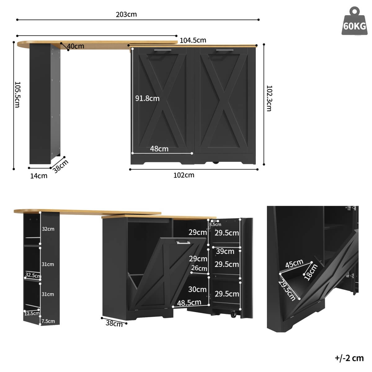 360° Rotating Kitchen Island Cabinet — Swivel Storage Sideboard with Shelves, Black