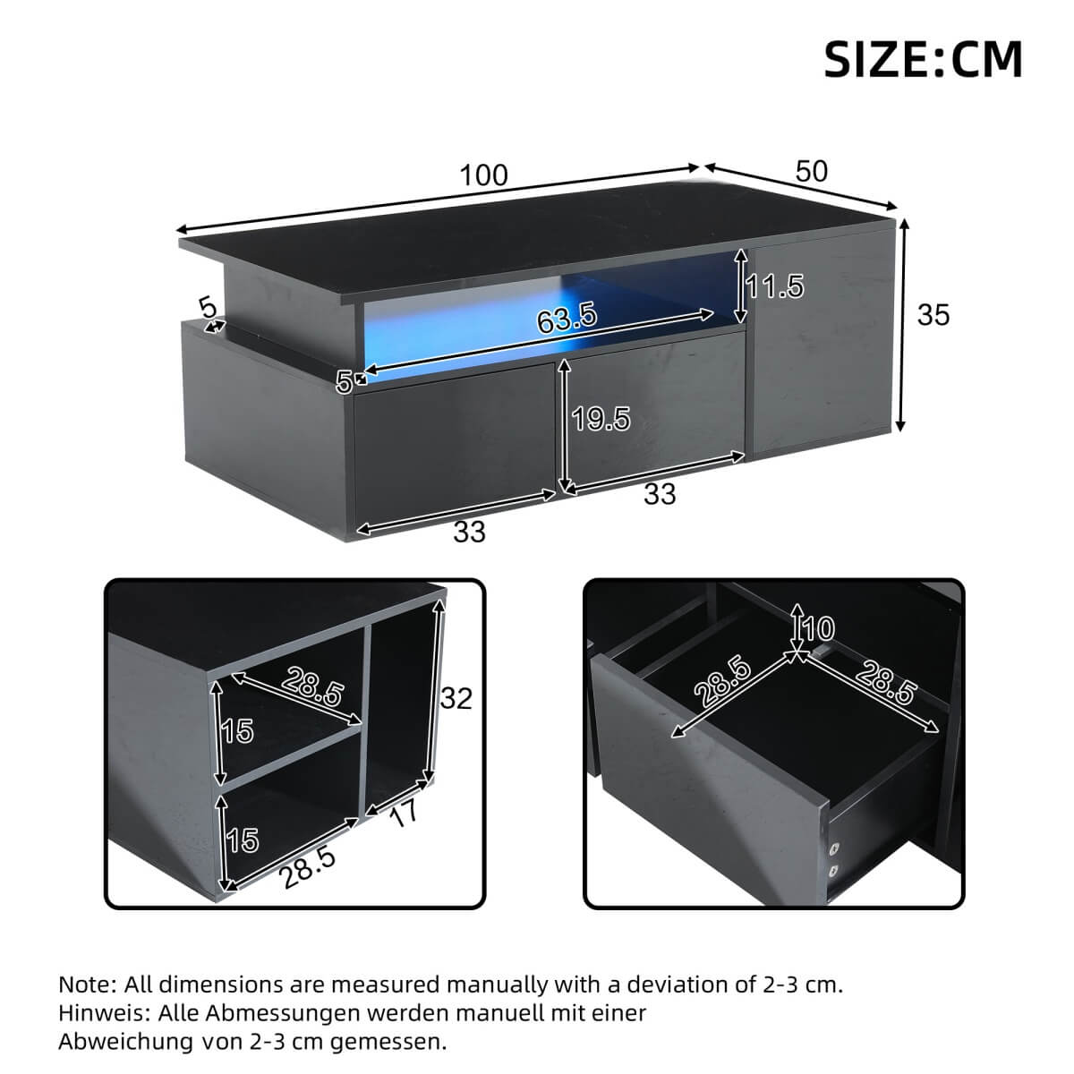 High Gloss Black Coffee Table with LED Lights — Storage Centre Table with 2 Drawers