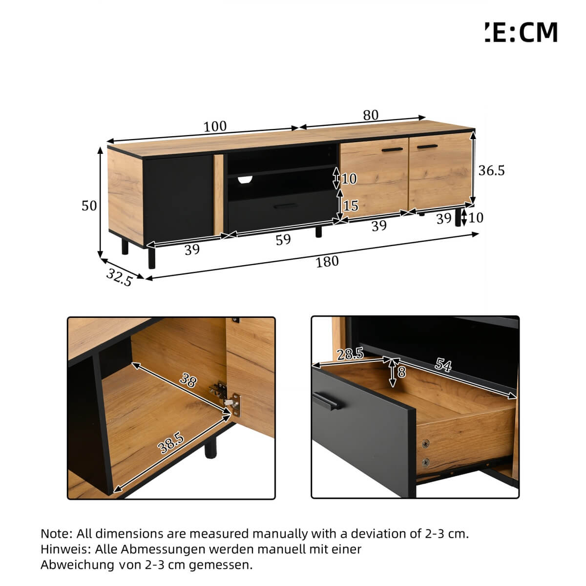 180cm Modern TV Stand for Up to 75 Inch TVs - Oak & Black Media Console with Drawers & Cabinets, Industrial TV Unit