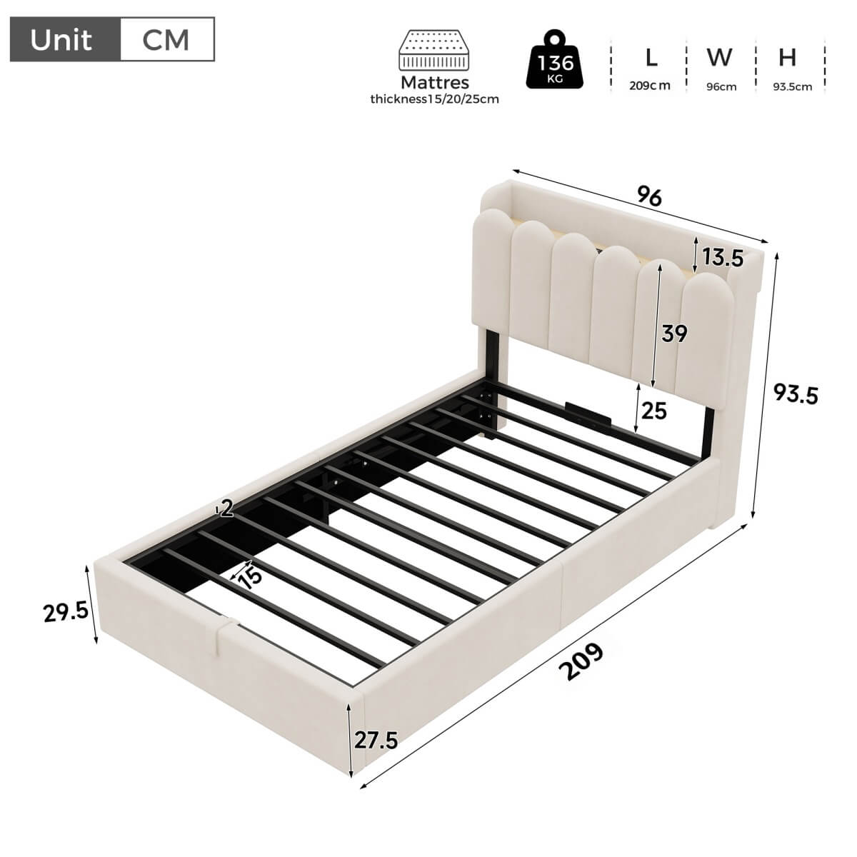 3ft Single Upholstered Ottoman Storage Bed - Velvet Bed Frame with Hydraulic Lift-Up Storage, Storage Headboard, USB & Type-C Charging Ports & Reading Light, Beige