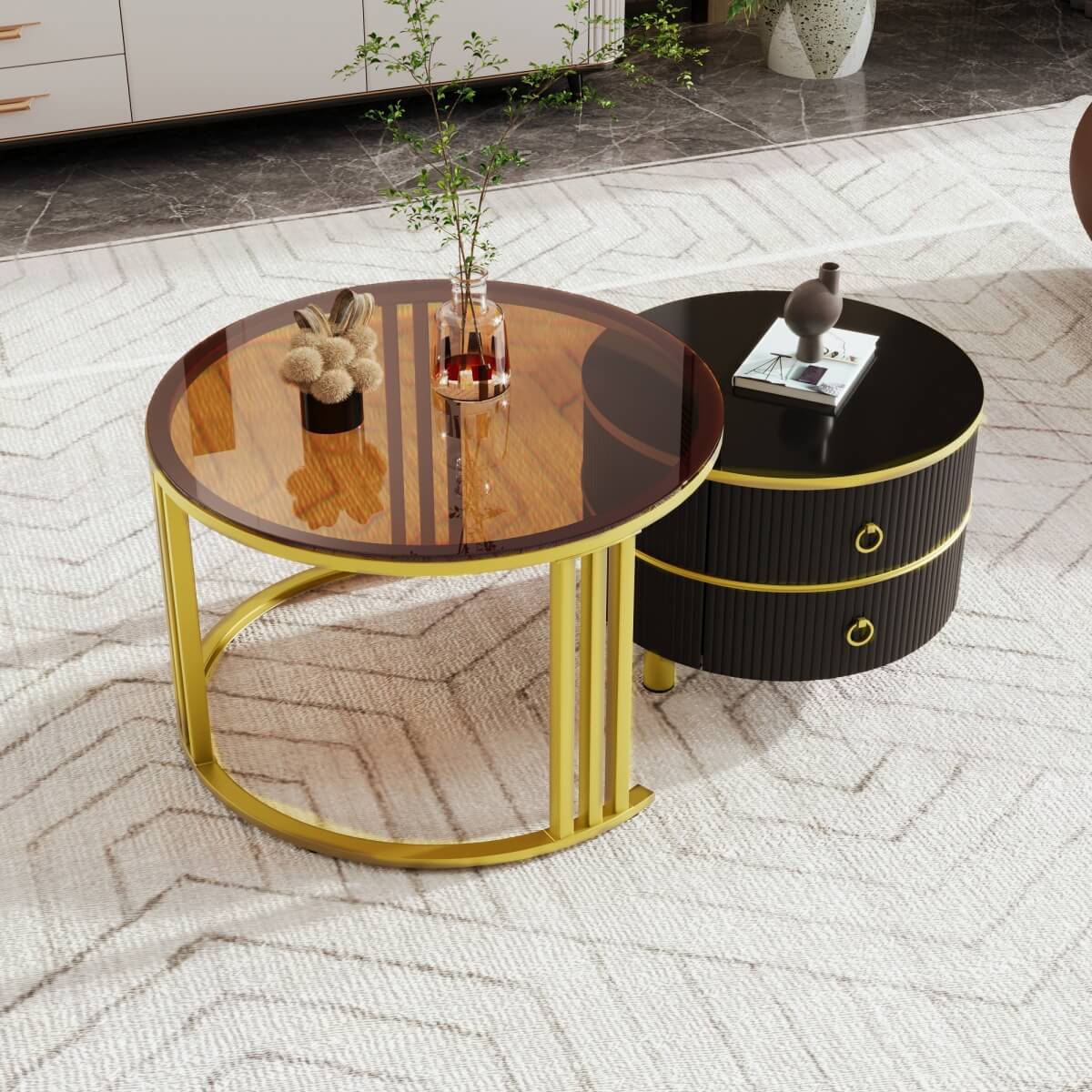 2-in-1 Round Coffee Table Set with Side Table - High Gloss MDF Tabletop, Brown Tempered Glass Top and 2 Storage Drawers