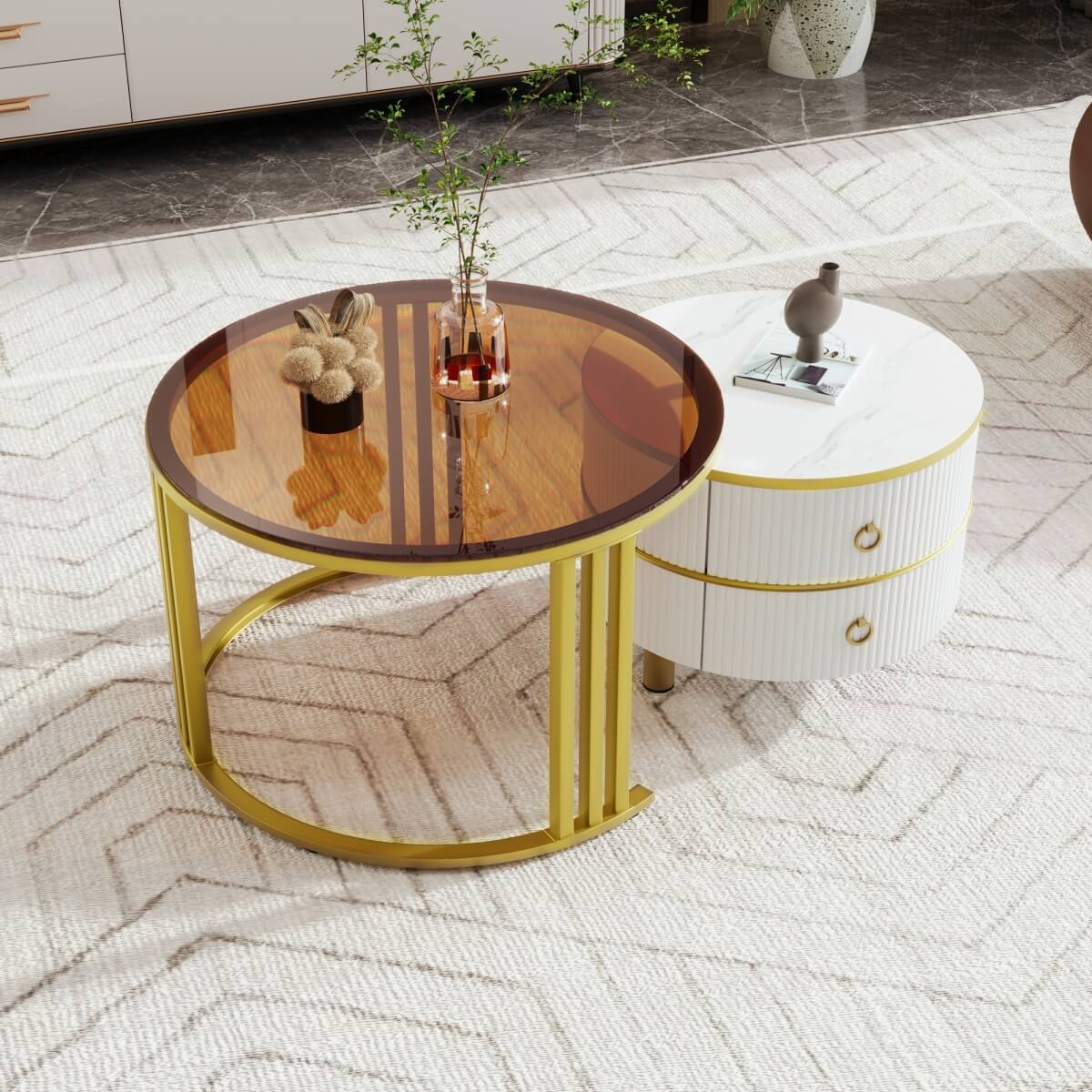 2-in-1 Round Coffee Table Set with Side Table - High Gloss MDF Top, Brown Tempered Glass Top and 2 Storage Drawers