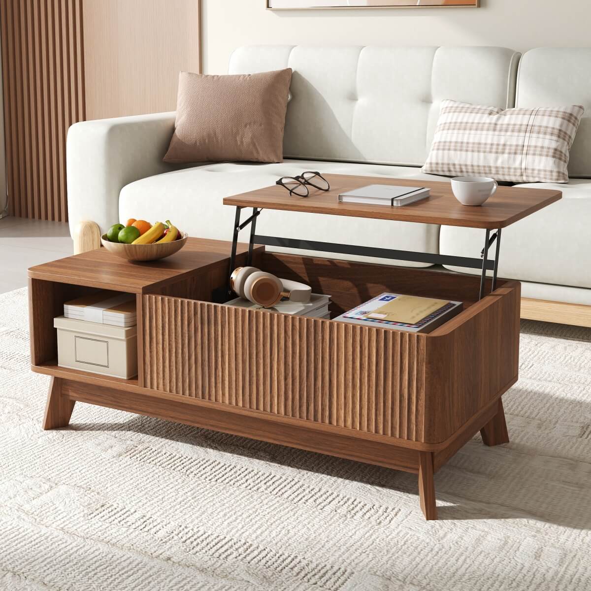 Modern Lift Top Coffee Table with 3D Wave Design - MDF Living Room Table with Open Side Storage Compartment, Walnut