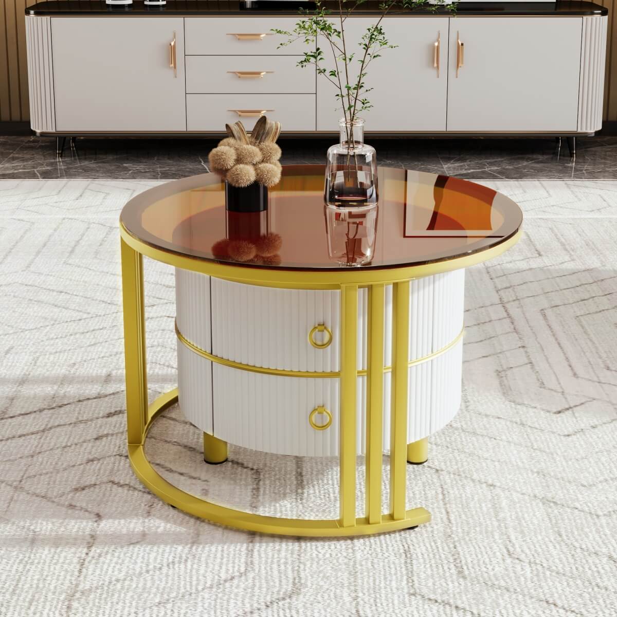2-in-1 Round Coffee Table Set with Side Table - High Gloss MDF Top, Brown Tempered Glass Top and 2 Storage Drawers