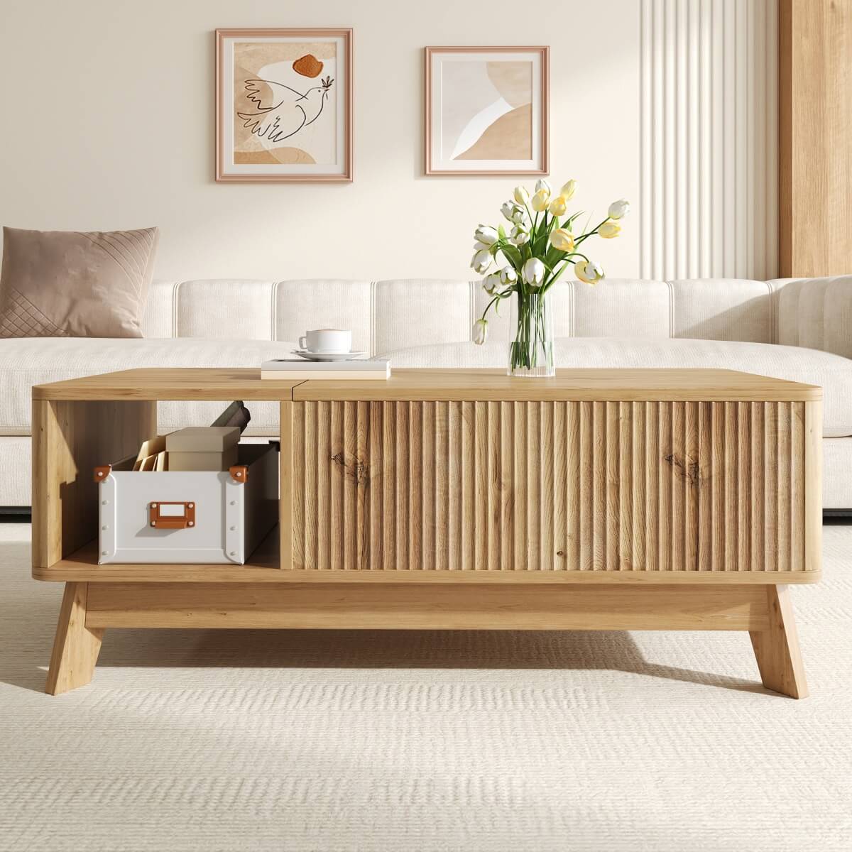 Modern Lift Top Coffee Table with 3D Wave Design - MDF Living Room Table with Open Side Storage Compartment, Oak