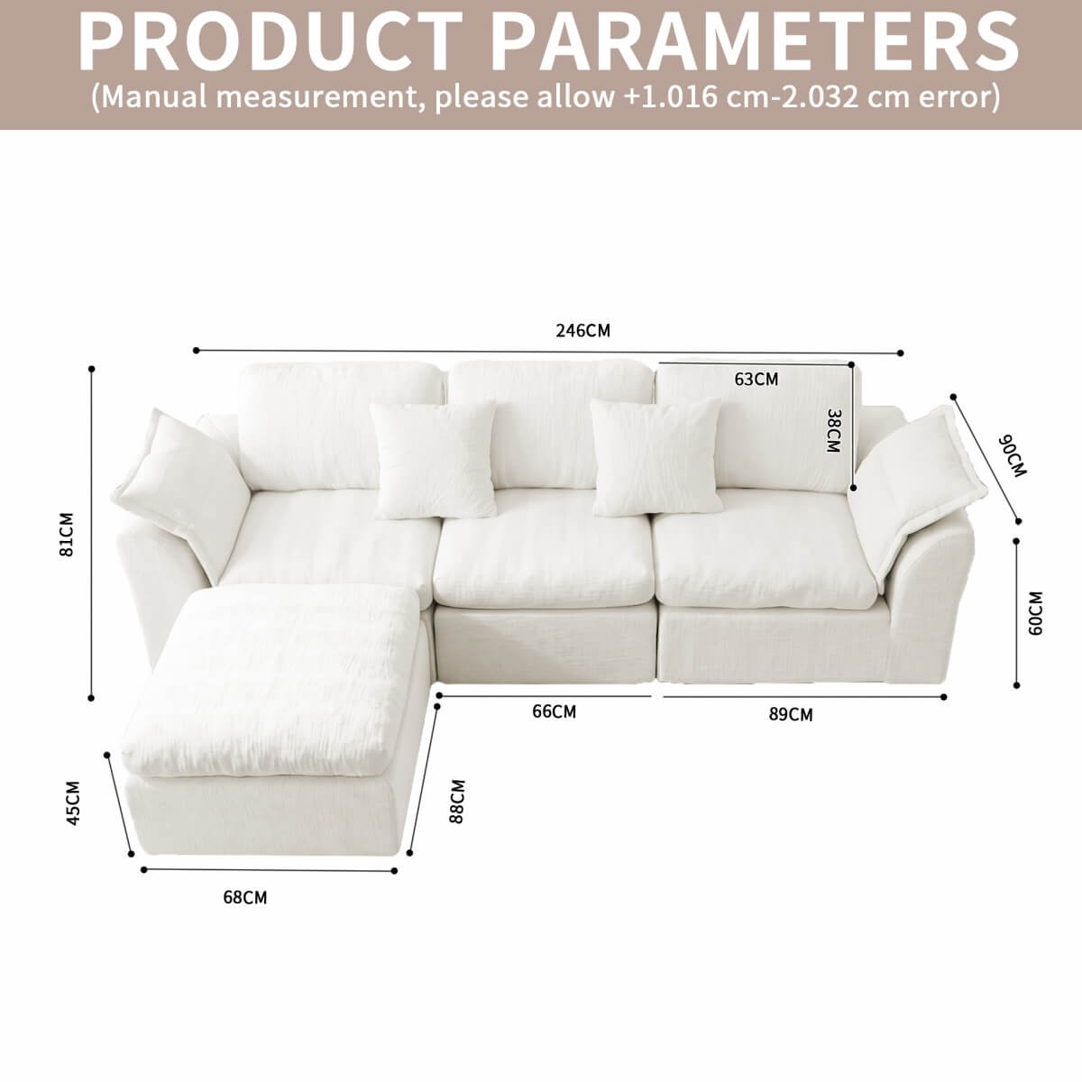 246cm Modular Cloud Sofa with Movable Ottoman - 4 Seater Deep Seat L-Shaped Sofa for Living Room, Bedroom or Apartment