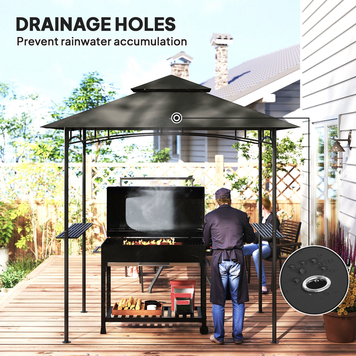 Grill Gazebo, Double Tiered BBQ Shelter Canopy with LED Lights, 2 Side Shelves, Hooks, Dark Grey