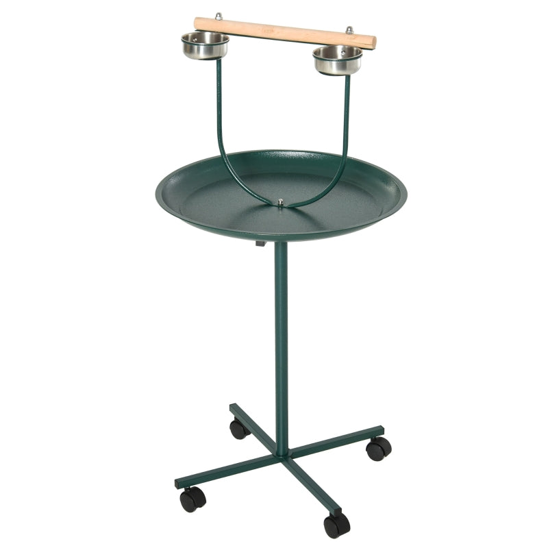 Bird Perch Stand, Four Wheels Feeding Bowls, Green