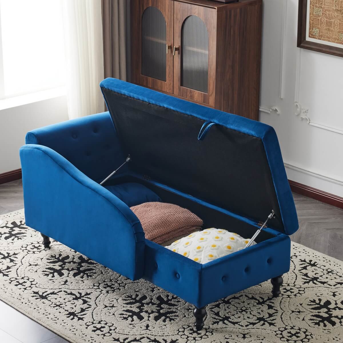 Velvet Chaise Lounge with Storage - Tufted Upholstered Sofa, Right Armrest, Blue