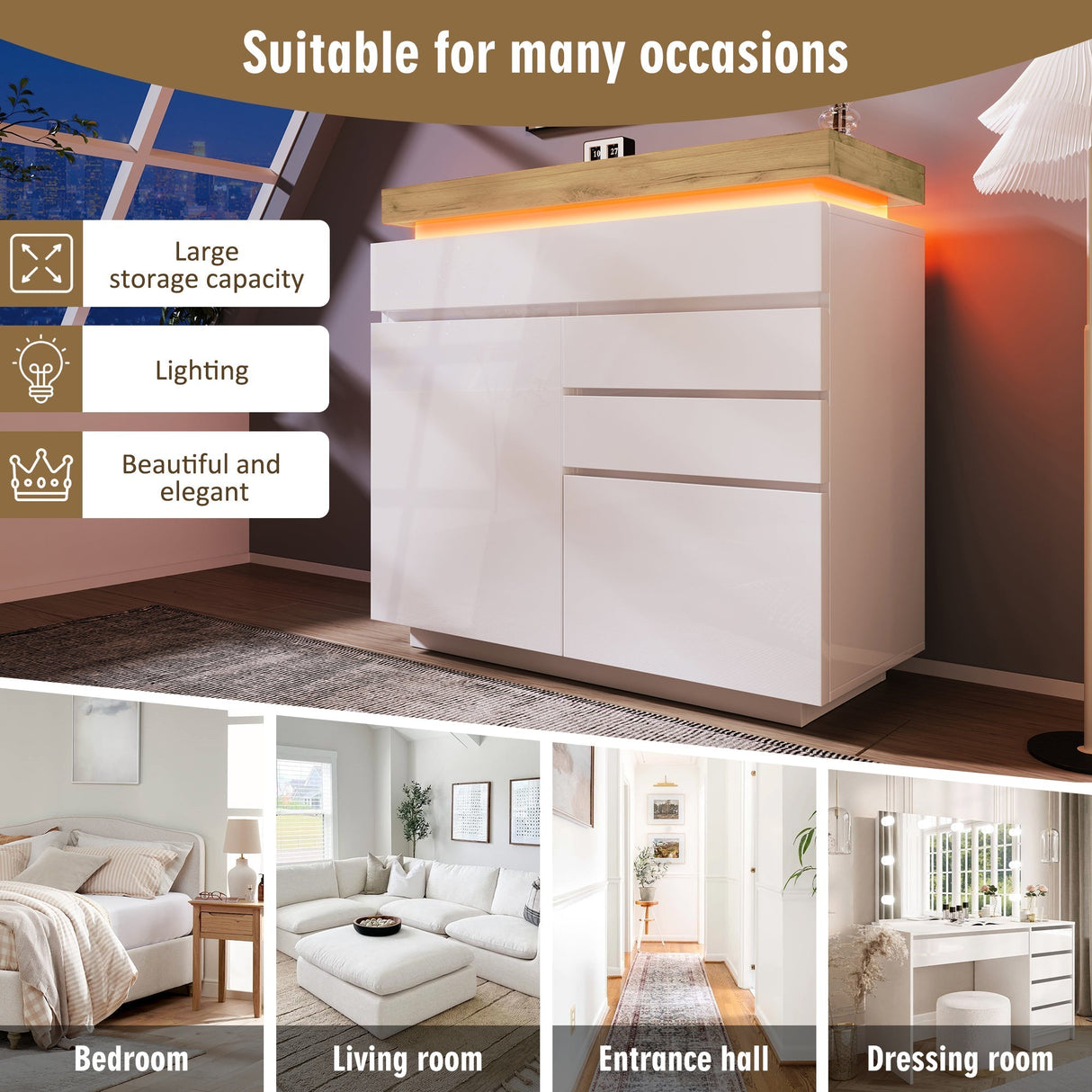 Chest of Drawers, High-Gloss Sideboard Cabinet with 2 Doors & 3 Drawers, RGB LED Storage, Multi-purpose, White