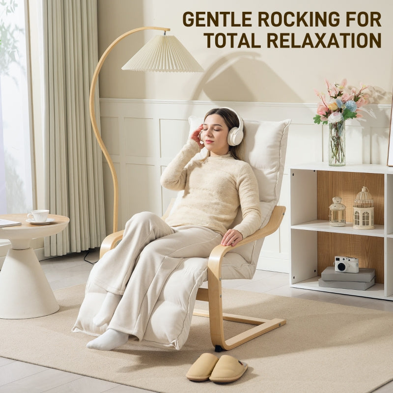 Curved Wooden Accent Chair with Adjustable Footrest, Cream White